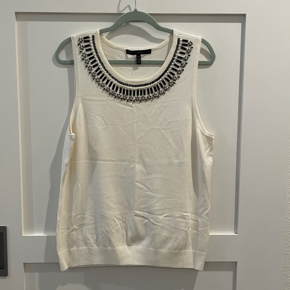White House Black market Cream Shell Knit Camisole Beaded XL EUC